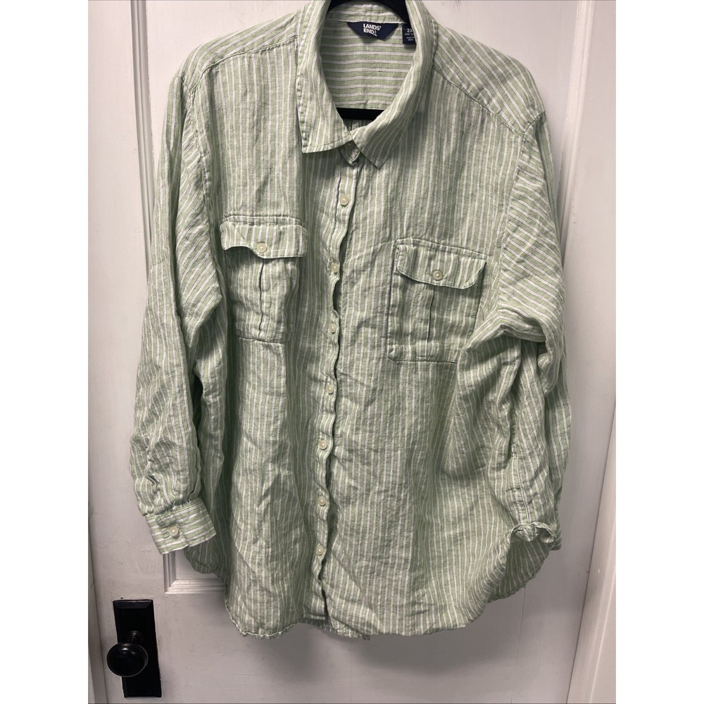 Lands' End SIZE 2XWomen Green Stripe 100% Linen Long Sleeve Button Down Shirt
